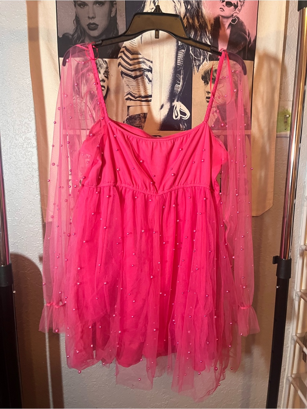 Allison & Kelly Pink Pearl Mesh Babydoll Mini Dress Women’s XL - Picture 2 of 4